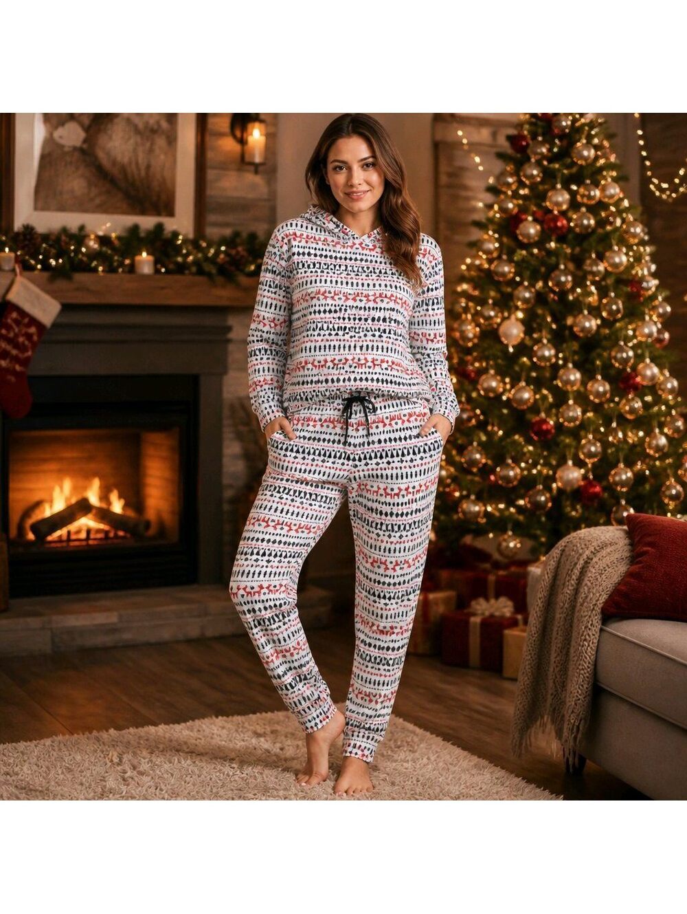 ShoSho 2-Piece Fair Isle Reindeer Christmas Holiday Hoodie Pajama Set PJ 5091